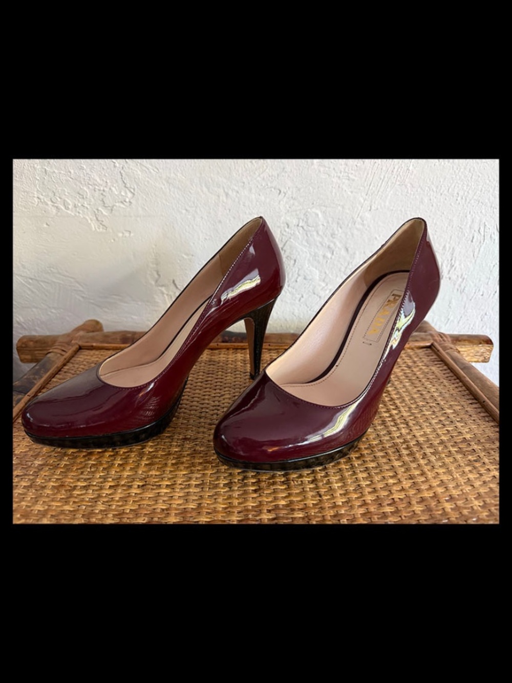 Prada — Women Patent Leather Platform Heels — Burgundy/blk — US 6 / EU 36